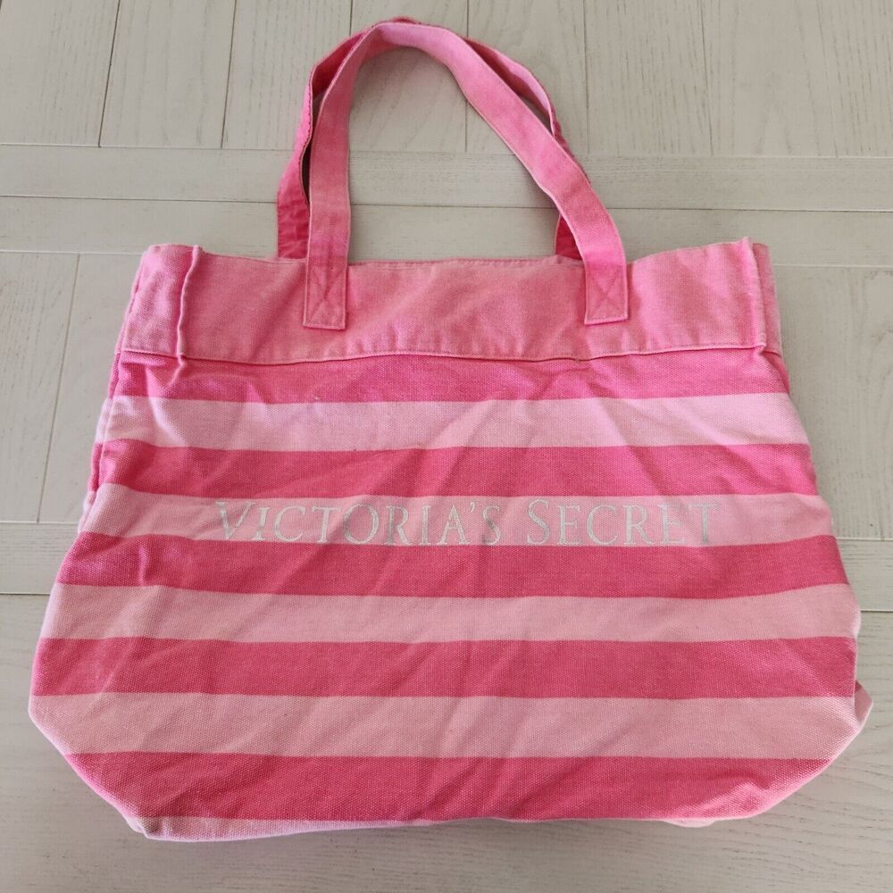 Victoria's Secret Canvas Tote Bag Signature Stripe Pink